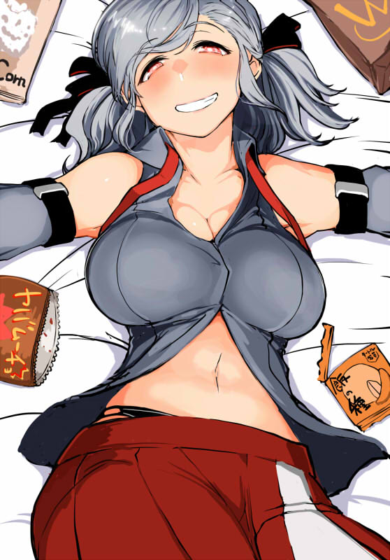 1girl, bag_of_chips, breasts, detached_sleeves, girls_frontline, grin, keshin, large_breasts, lying, medium_hair, navel, on_back, on_bed, partially_undressed, red_eyes, silver_hair, smile, snack, solo, spas-12_(girls_frontline), twintails