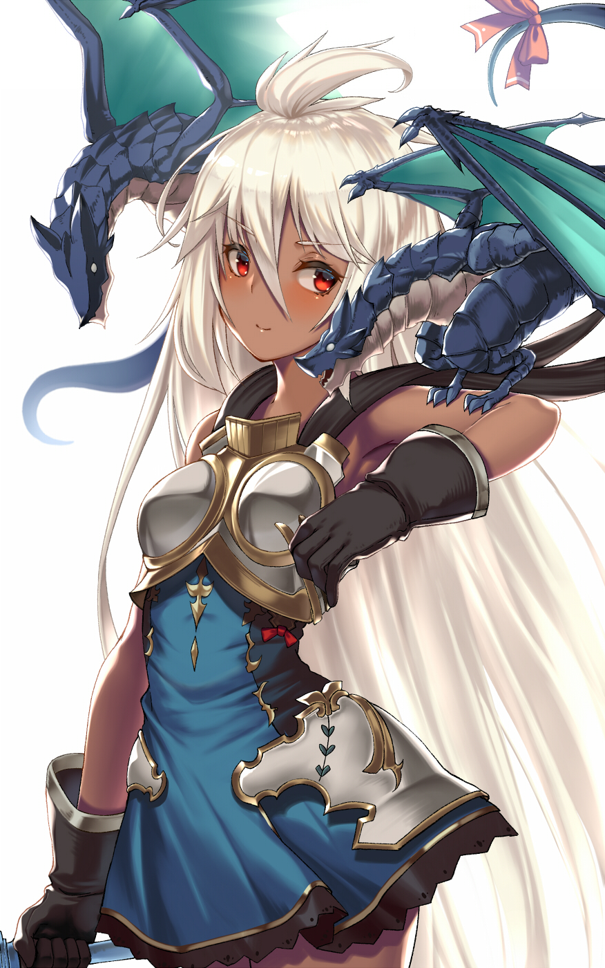 >:), 1girl, ahoge, arm_up, armpits, bangs, black_gloves, blue_dress