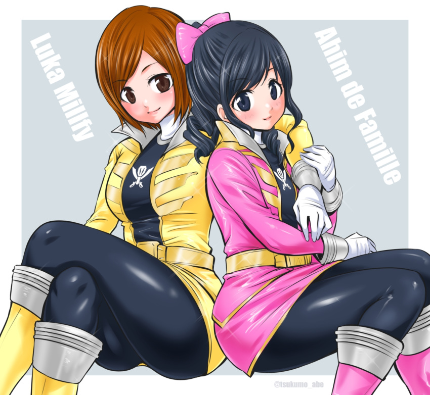 2girls, abe_tsukumo, ahim_de_famille, black_hair, bodysuit, breasts, brown_eyes, brown_hair