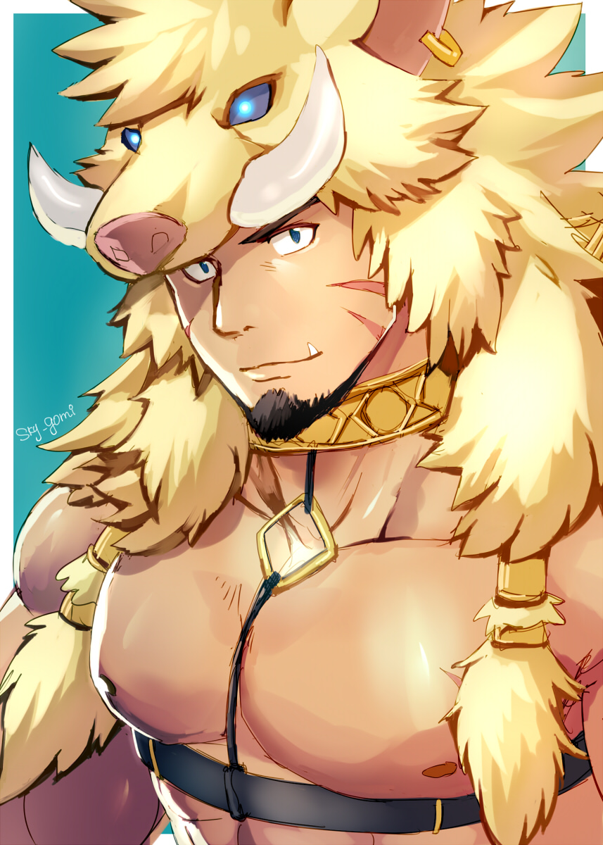 1boy, abs, bara, beard, blue_background, blue_eyes, brown_hair, chest