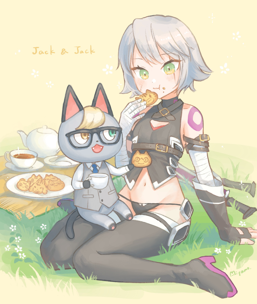 1boy, 1girl, absurdres, animal_ears, arm_belt, artist_name, bandaged_arm, bandages, bangs, bare_shoulders, black-framed_eyewear, black_gloves, black_legwear, black_panties, blue_neckwear, blush, breasts, brown_eyes, cat, cat_ears, cat_tail, cleavage_cutout, cookie, crop_top, crossover, dagger, doubutsu_no_mori, eating, facial_scar, fate/grand_order, fate_(series), fingerless_gloves, food, glasses, gloves, green_eyes, heterochromia, highres, jack_(doubutsu_no_mori), jack_the_ripper_(fate/apocrypha), lowleg, lowleg_panties, namesake, navel, panties, purple_footwear, scar, scar_across_eye, scar_on_cheek, shirt, short_hair, shoulder_tattoo, simple_background, single_glove, sitting, sitting_on_lap, sitting_on_person, small_breasts, smile, solo, sweater_vest, tail, tattoo, thigh-highs, thighs, underwear, wariza, weapon, white_hair, white_shirt