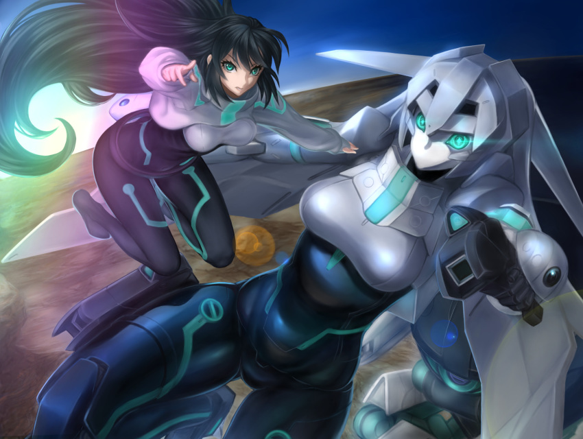 aiming_at_viewer, bangs, black_bodysuit, black_hair, bodysuit, bodysuit_under_clothes, covered_navel, floating, floating_hair, green_eyes, grey_hair, gun, gundam, gundam_build_divers, gundam_build_divers_re:rise, highres, holding, holding_gun, holding_weapon, kyodairobo, long_hair, may_(gundam_build_divers_re:rise), mecha, mecha_musume, pointing, pointing_at_viewer, shrug_(clothing), weapon, wodom_pod