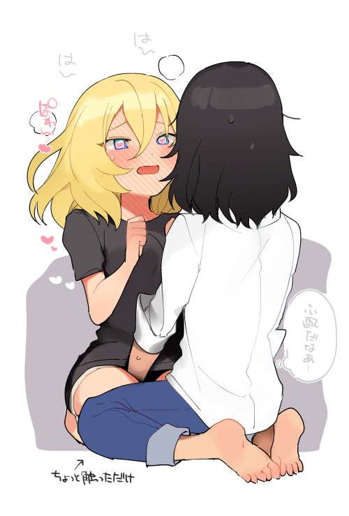 2girls, andou_(girls_und_panzer), bangs, between_legs, black_hair, blonde_hair, blue_eyes, blush