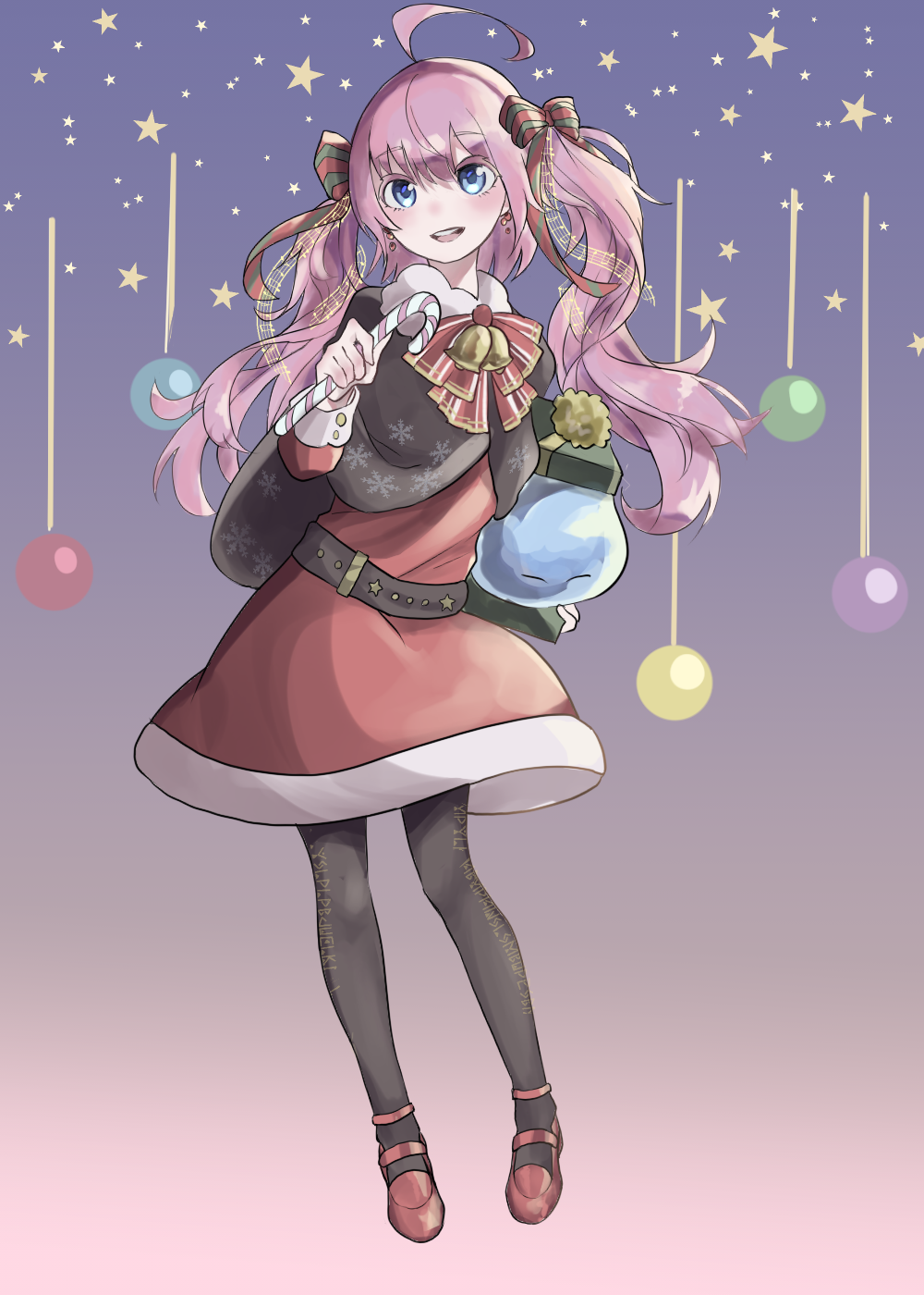 1girl, :d, ahoge, bangs, black_capelet, black_legwear, blue_background, blue_eyes, cape, capelet, dress, earrings, eyebrows_visible_through_hair, floating_hair, fur-trimmed_cape, fur-trimmed_capelet, fur_trim, gradient, gradient_background, hair_between_eyes, highres, jewelry, long_hair, medium_dress, milim_nava, open_mouth, pantyhose, pink_hair, red_dress, rimuru_tempest, santa_costume, shiny, shiny_hair, short_dress, smile, snowflakes, solo, spring_tm00oo, tensei_shitara_slime_datta_ken, twintails, very_long_hair