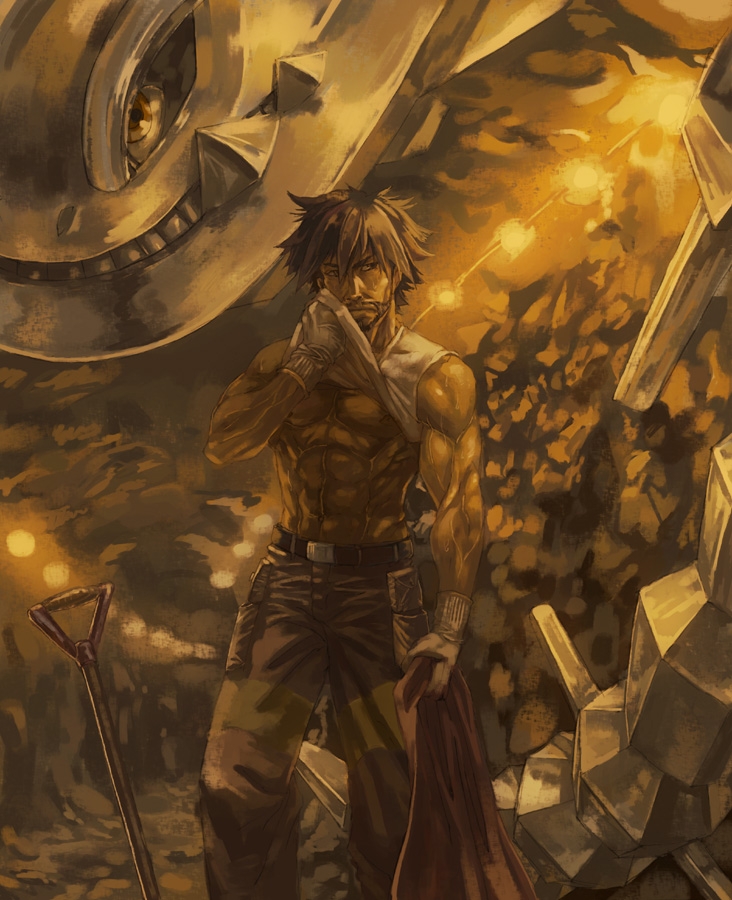 1boy, abs, artist_request, beard, belt, brown_eyes, brown_hair, byron_(pokemon)