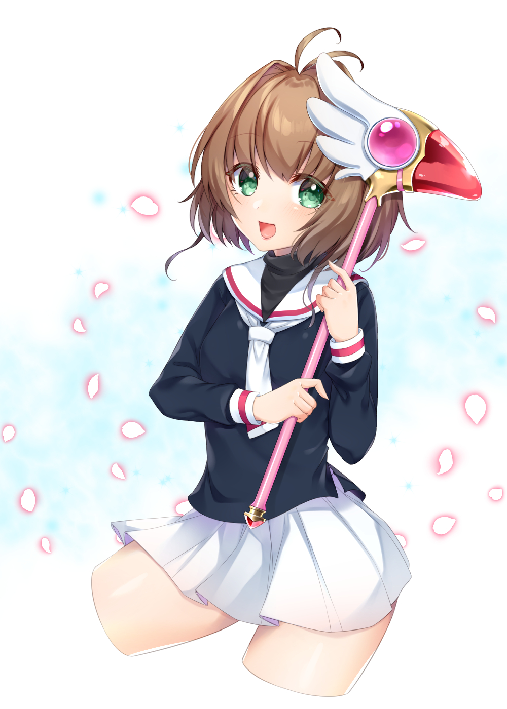 1girl, :d, amane_(230075), antenna_hair, black_shirt, blush, brown_hair, cardcaptor_sakura