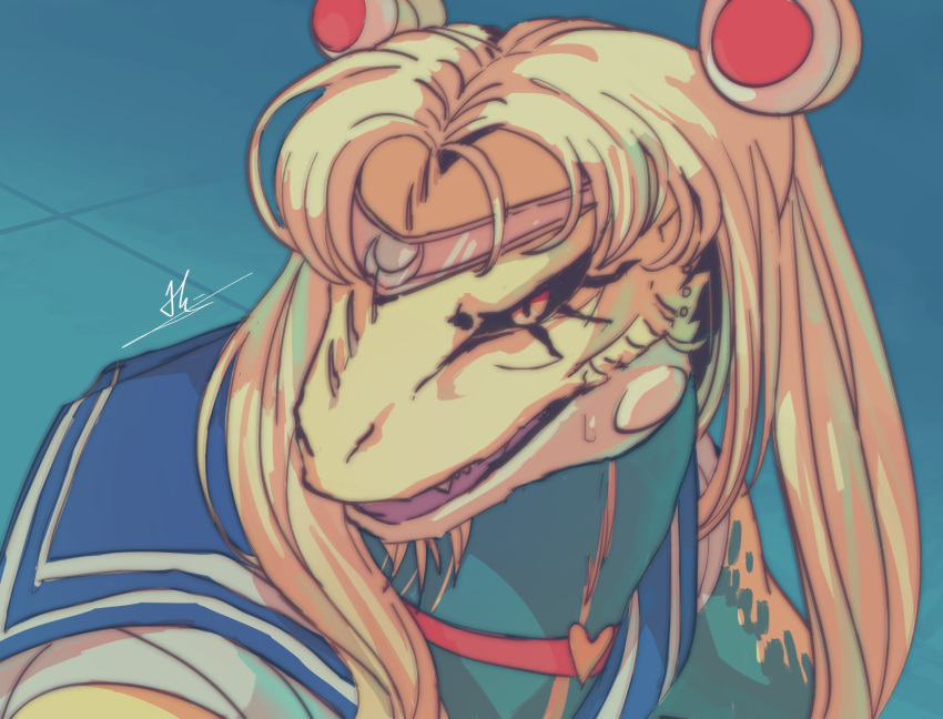 animalization, bishoujo_senshi_sailor_moon, blonde_hair, blue_background, blue_sailor_collar, choker, diadem, from_side