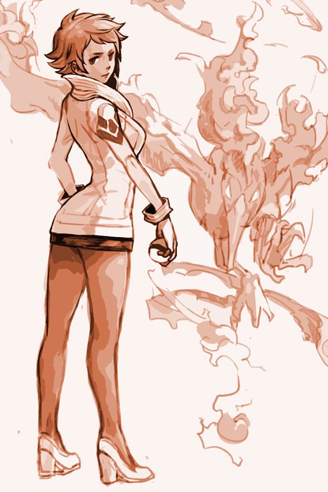 1girl, bangs, bird, candela_(pokemon), claws, closed_mouth, coat, creature, fire, flying, full_body, gen_1_pokemon, gloves, hankuri, high_collar, high_heels, holding, holding_poke_ball, legendary_pokemon, moltres, monochrome, pantyhose, poke_ball, pokemon, pokemon_(creature), pokemon_(game), pokemon_go, shoes, short_hair, standing, team_valor