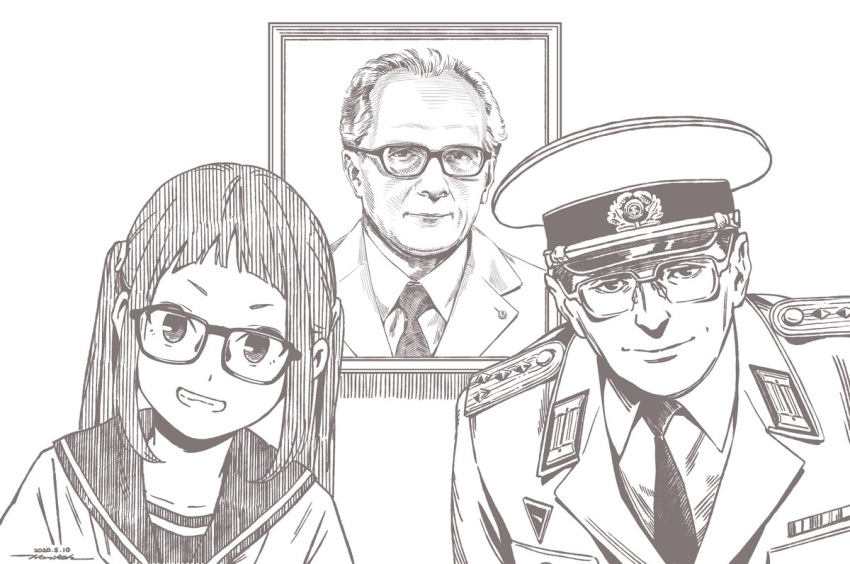 bangs, blunt_bangs, character_request, check_character, closed_mouth, collared_shirt, dated, erich_honecker, glasses, greyscale, grin, hat, head_tilt, horikou, jacket, leaning_forward, looking_at_viewer, military, military_hat, military_uniform, monochrome, necktie, oogaki_chiaki, portrait_(object), real_life, school_uniform, serafuku, shirt, signature, smile, twintails, uniform, wing_collar, yurucamp