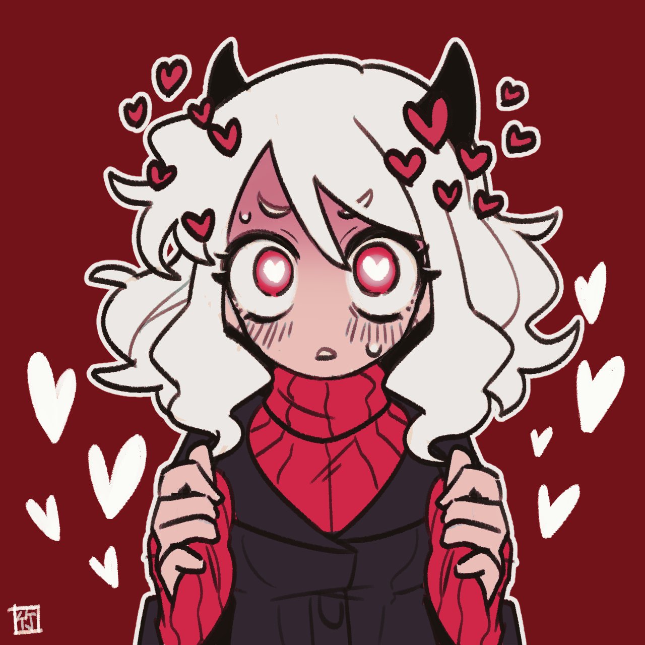 1girl, bamboo_(merenge_doll), black_jacket, blush, demon_girl, demon_horns, heart, heart-shaped_pupils, helltaker, highres, horns, jacket, long_sleeves, looking_at_viewer, modeus_(helltaker), outline, parted_lips, red_background, red_eyes, red_sweater, signature, simple_background, solo, sweatdrop, sweater, symbol-shaped_pupils, upper_body, white_outline