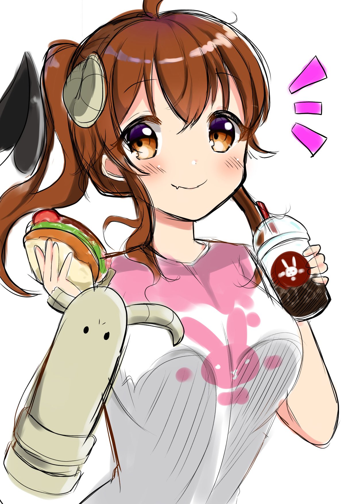 blush, brown_eyes, brown_hair, chinami_ura, cup, curled_horns, demon_girl, demon_horns