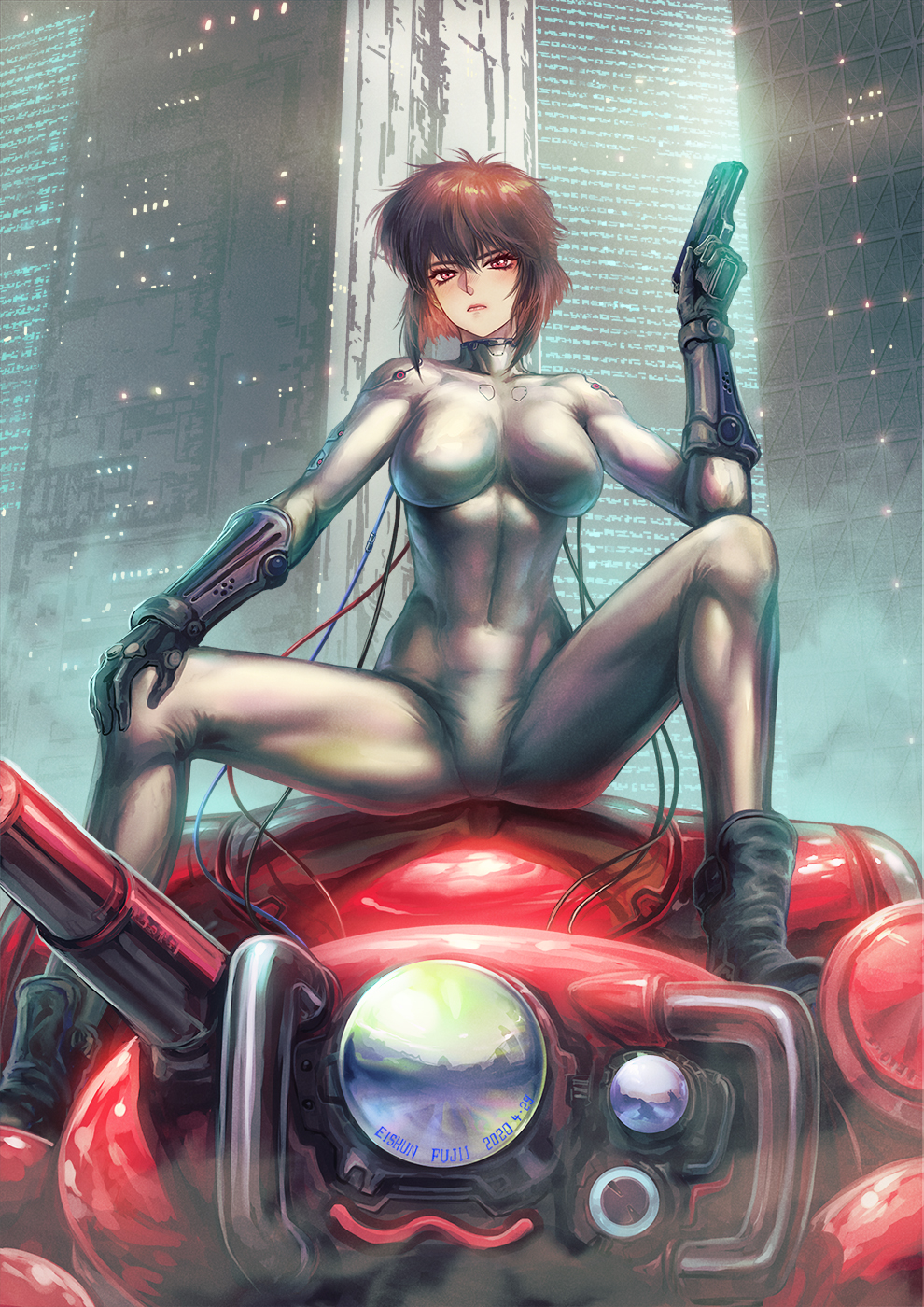 1girl, artist_name, bangs, bob_cut, bodysuit, boots, breasts, cable, closed_mouth, cyberpunk, cyborg, fuchikoma, fujii_eishun, ghost_in_the_shell, gloves, gun, handgun, highres, holding, holding_gun, holding_weapon, kusanagi_motoko, large_breasts, lips, looking_at_viewer, red_eyes, short_hair, sitting, solo, weapon