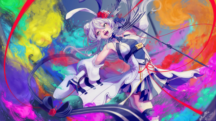 1girl, animal_ears, black_gloves, bluefly_shi, commentary, cowboy_shot, dated, detached_sleeves, dress, eleanor_forte, gloves, green_eyes, highres, long_hair, multicolored, multicolored_background, open_mouth, rabbit_ears, signature, smile, solo, synthesizer_v, wax_seal, wax_seal_hair_ornament, white_dress, white_hair, white_sleeves