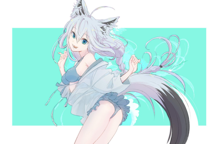 1girl, :d, ahoge, alternate_costume, animal_ears, aqua_background, ass, bare_legs
