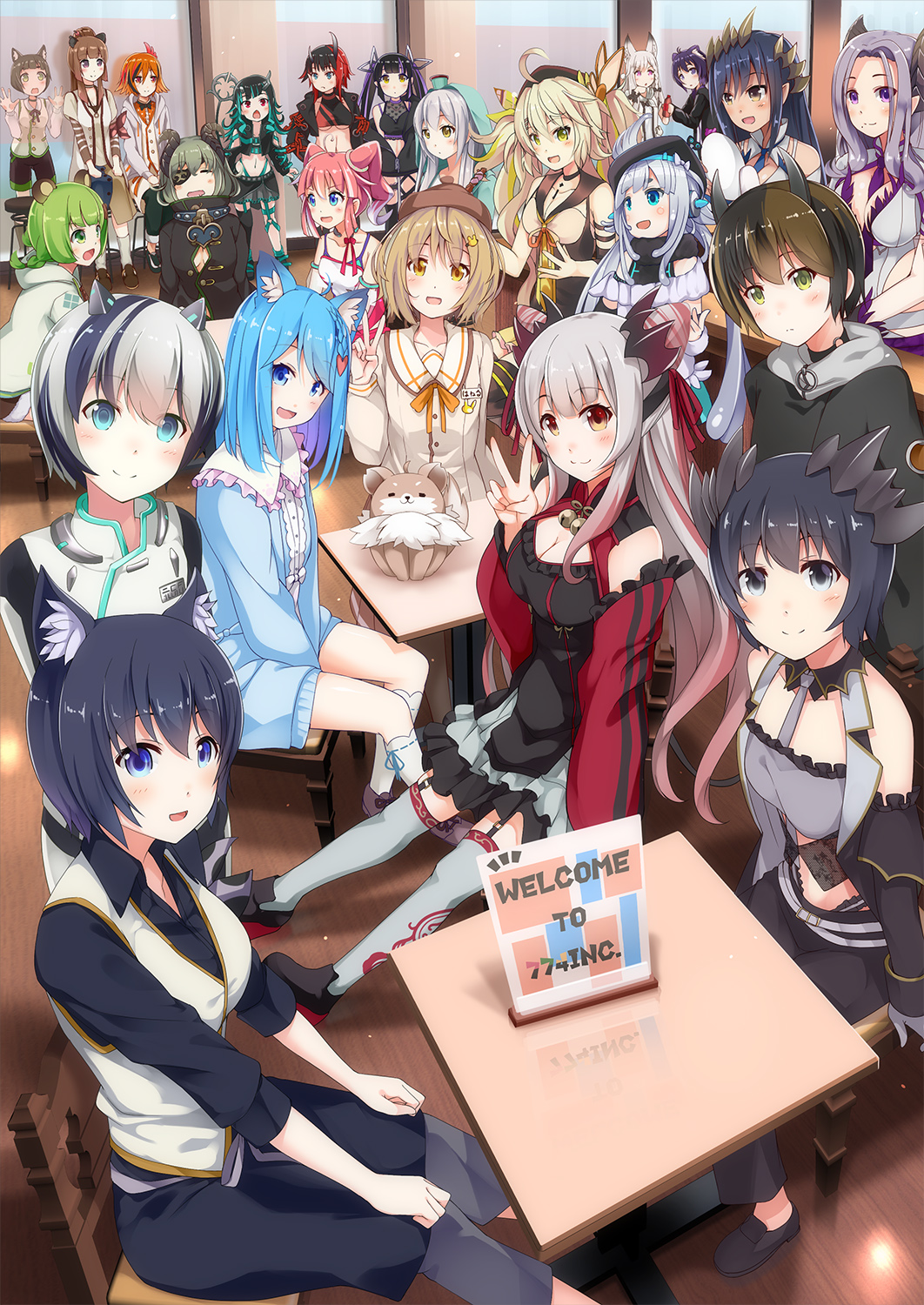 6+girls, 774_inc., ahoge, ando_yuge, animal_ear_fluff, animal_ears, animare, aqua_hair, bear_ears, beret, black_hair, black_headwear, blue_hair, brown_hair, cafe, camomi_camomi, camomi_channel, cat_ears, closed_mouth, demon_horns, detached_sleeves, dog_ears, everyone, fox_ears, ginneko_nanashi, green_hair, haibara_akane, haineko_nanashi, hashiba_natsumi_(animare), hat, highres, hinokuma_ran, honey_strap, hood, hoodie, horns, inaba_haneru_(animare), indoors, kanade_kanon, kazami_kuku, kisaki_anko, kojou_anna, kuroneko_nanashi, long_hair, long_sleeves, looking_at_viewer, mikeneko_nanashi, multicolored_hair, multiple_girls, open_mouth, orange_hair, pink_hair, purple_hair, ryuugasaki_rene, saionji_mary, sch, sekishiro_mico, shimamura_charlotte, shiromiya_mimi, shishiou_chris, short_hair, silver_hair, sitting, smile, sougetsu_eli, souya_ichika, streaked_hair, sugar_lyric, suou_patra, table, two-tone_hair, v_ap_art, virtual_youtuber, white_hair, yunohara_izumi