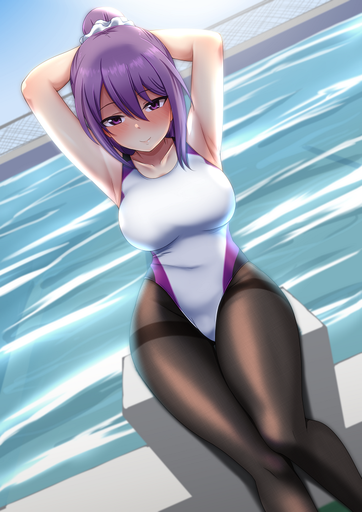 1girl, alice_gear_aegis, armpits, arms_behind_head, ayuayu_(shouyu_no_sato), black_legwear, blush, breasts