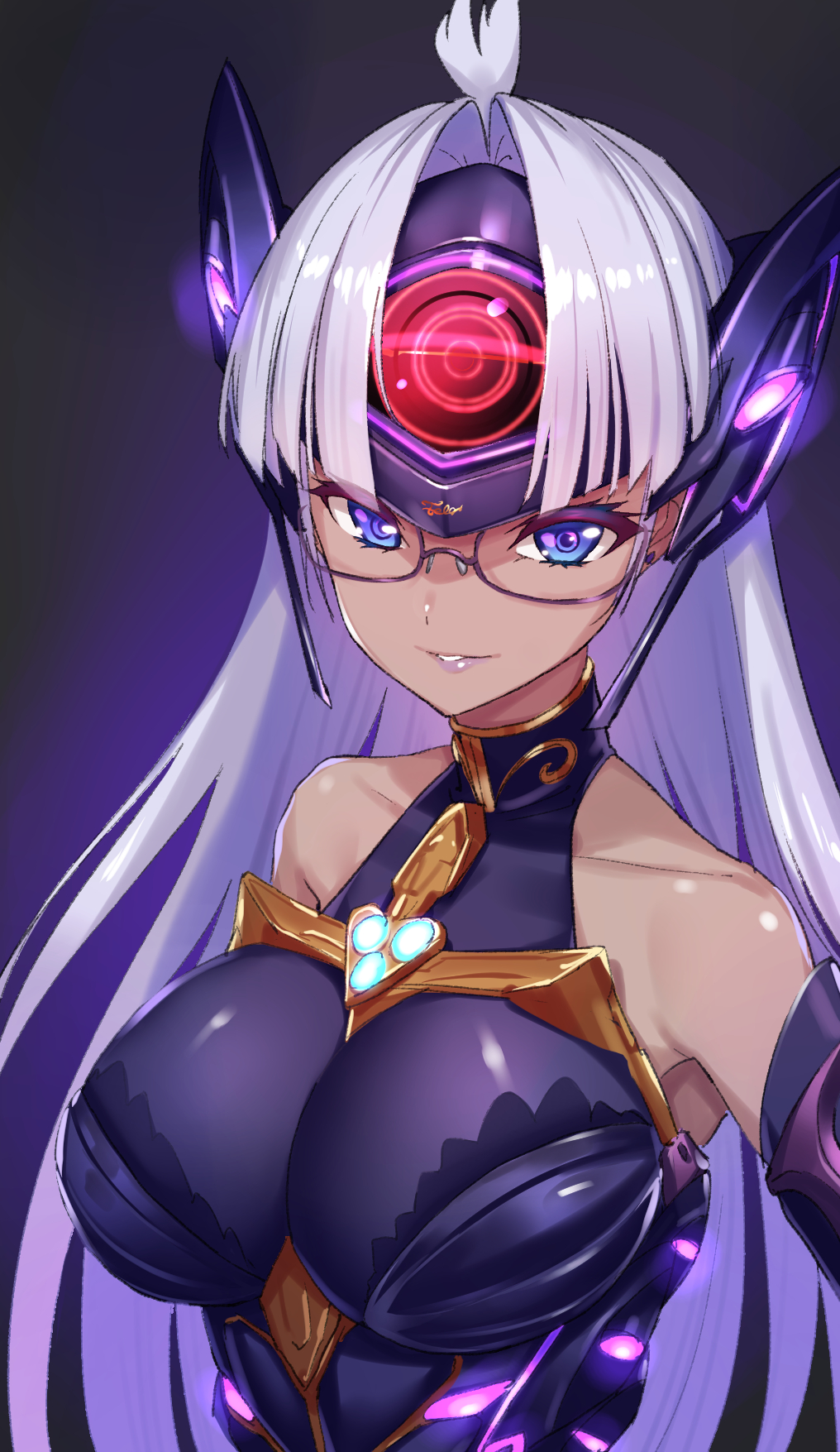 1girl, bare_shoulders, black_background, blue_eyes, breasts, cyborg, dark_skin, elbow_gloves