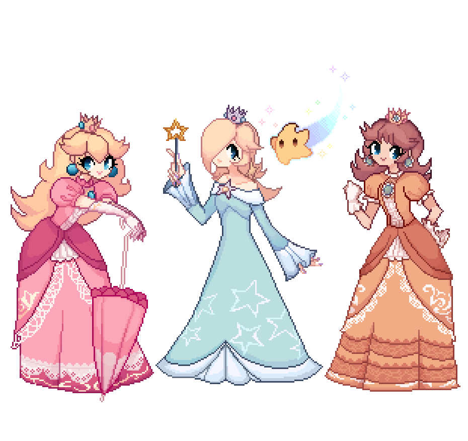 3girls, blonde_hair, blue_eyes, breasts, brown_hair, charamells, chiko_(mario), commentary, crown, dress, english_commentary, floating, full_body, gloves, holding, holding_umbrella, long_dress, looking_at_viewer, multiple_girls, pixel_art, princess, princess_daisy, princess_peach, rosalina, simple_background, small_breasts, standing, super_mario_bros., super_mario_galaxy, super_smash_bros., umbrella, white_background