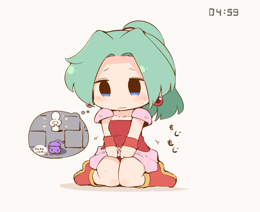 1girl, aqua_hair, arrow_(symbol), blue_eyes, blush, boots, breasts, cat, chibi, closed_mouth, collarbone, commentary_request, dress, earrings, embarrassed, final_fantasy, final_fantasy_vi, full_body, hair_intakes, hair_tie, hanomido, have_to_pee, jewelry, long_hair, panties, pantyshot, pink_dress, ponytail, red_footwear, red_panties, shiny, shiny_hair, short_sleeves, simple_background, sitting, small_breasts, solo, sweat, sweatband, thought_bubble, tied_hair, timestamp, tina_branford, toilet, translation_request, underwear, v_arms, wariza, wavy_mouth, white_background