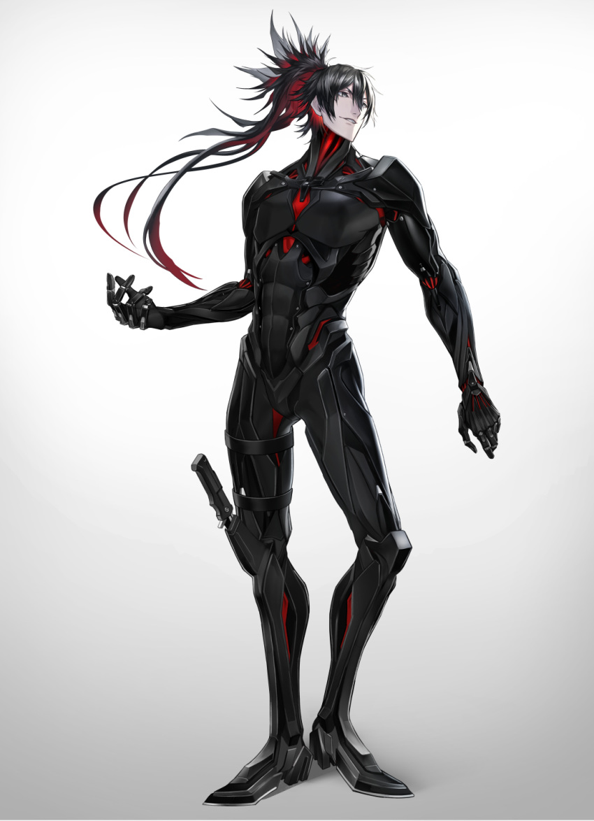 1boy, black_eyes, black_hair, cyborg, glowing, gradient, gradient_background, hair_between_eyes