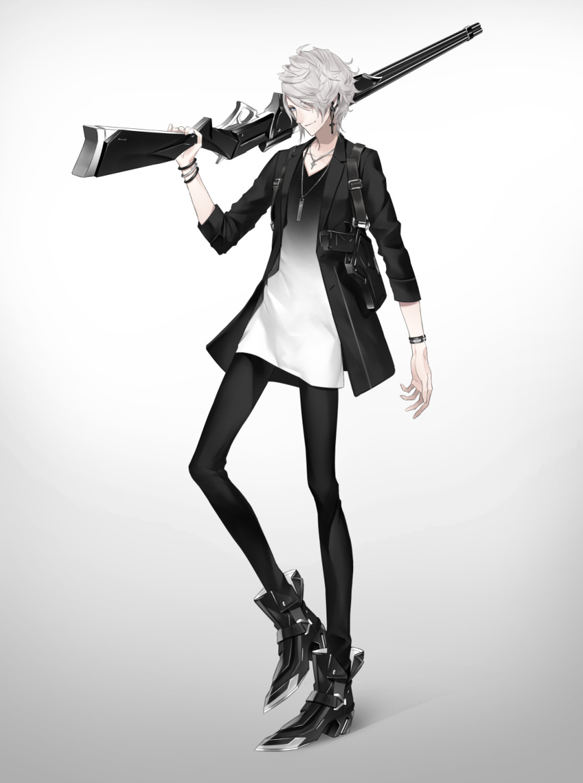 1boy, black_jacket, blue_eyes, bracelet, closed_mouth, cross, cross_earrings, cross_necklace