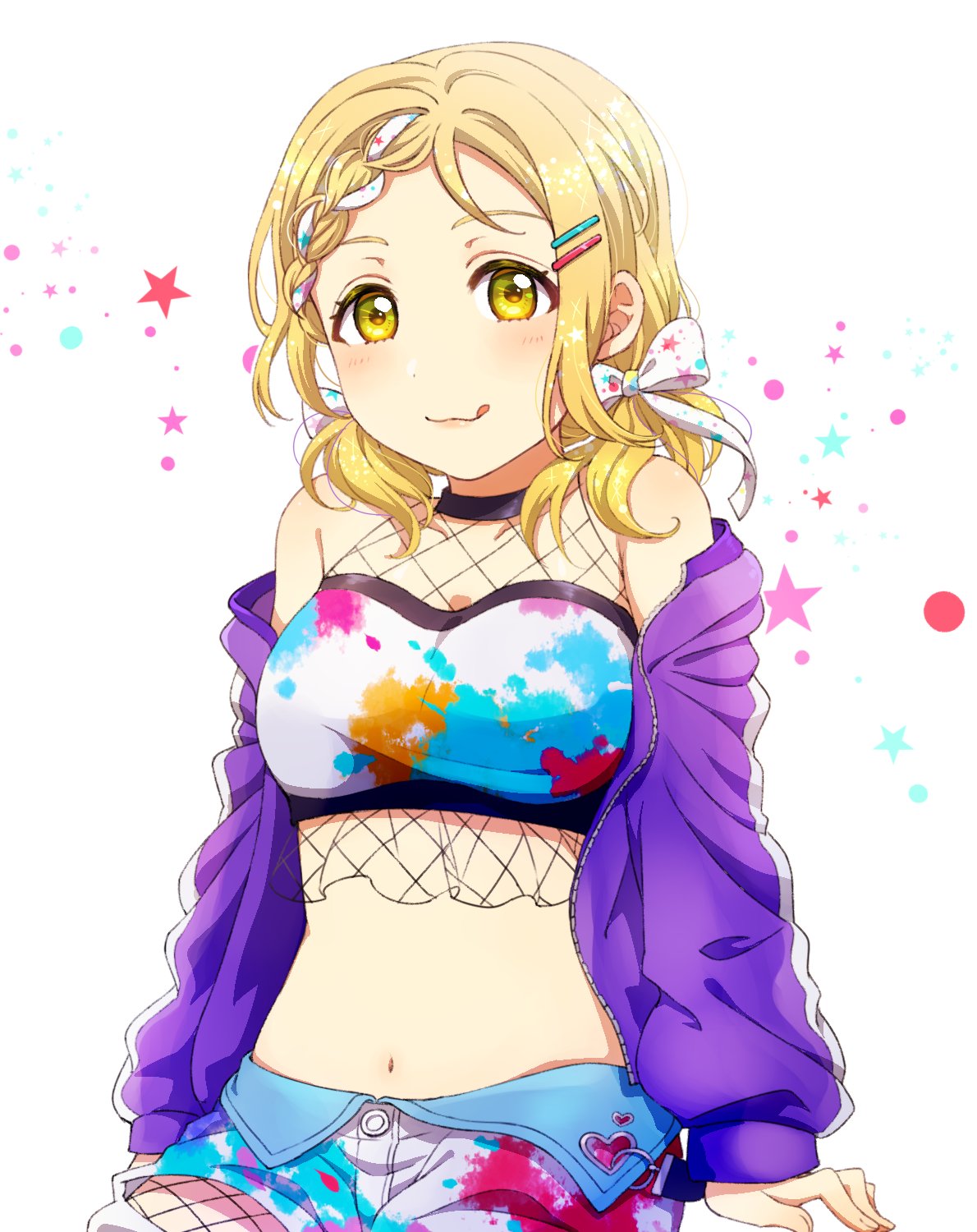 1girl, :3, :q, bare_shoulders, blonde_hair, braid, breasts, closed_mouth, crop_top, fishnet_legwear, fishnets, hair_ornament, hair_ribbon, hairclip, heru_(totoben), highres, jacket, large_breasts, long_hair, looking_at_viewer, love_live!, love_live!_sunshine!!, midriff, navel, off_shoulder, ohara_mari, open_clothes, open_jacket, paint_splatter, purple_jacket, ribbon, shirt, short_shorts, shorts, sleeveless, sleeveless_shirt, solo, star, stomach, tongue, tongue_out, white_background, white_shirt, white_shorts, yellow_eyes