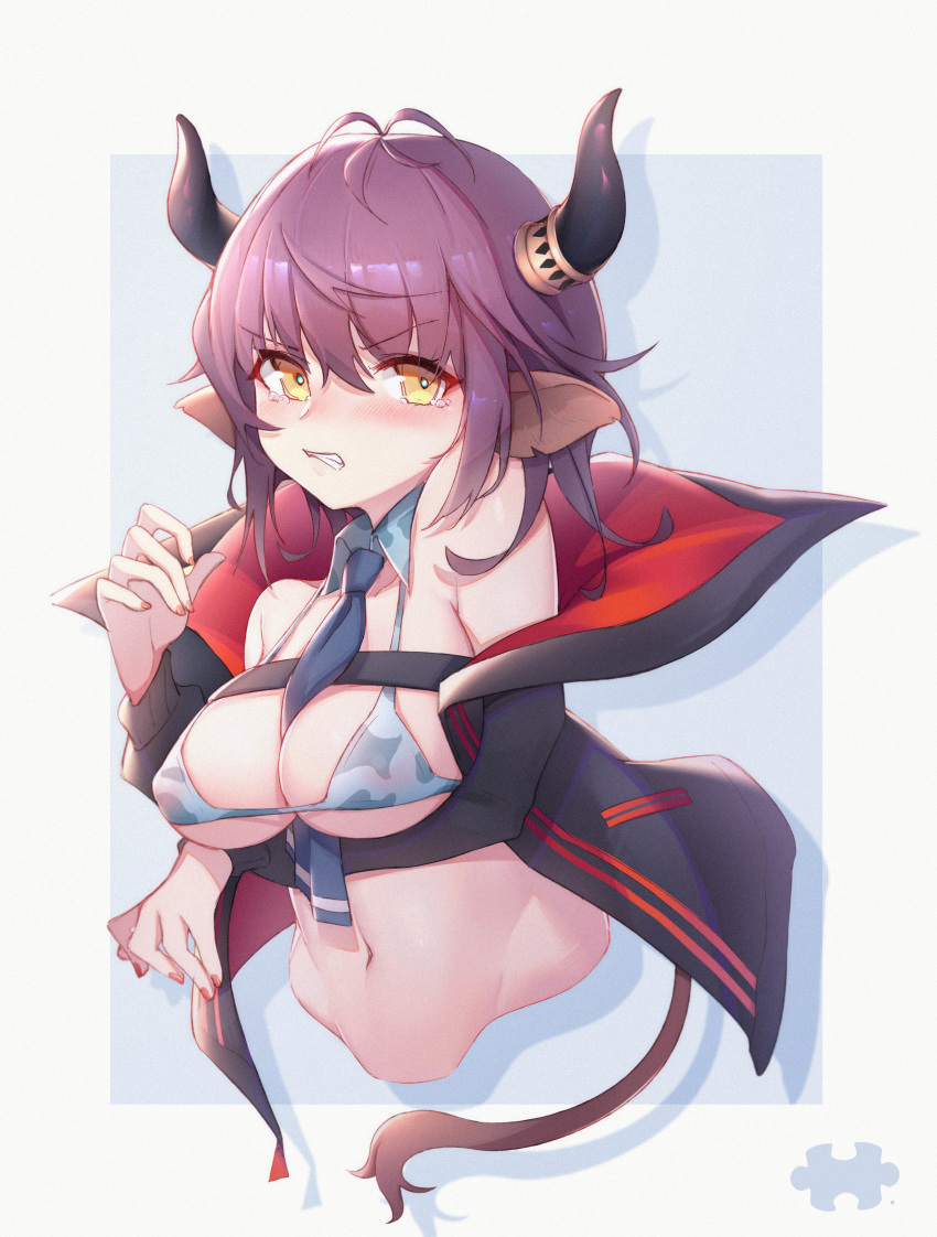 1girl, absurdres, arknights, bangs, bare_shoulders, bikini, black_jacket, blue_background