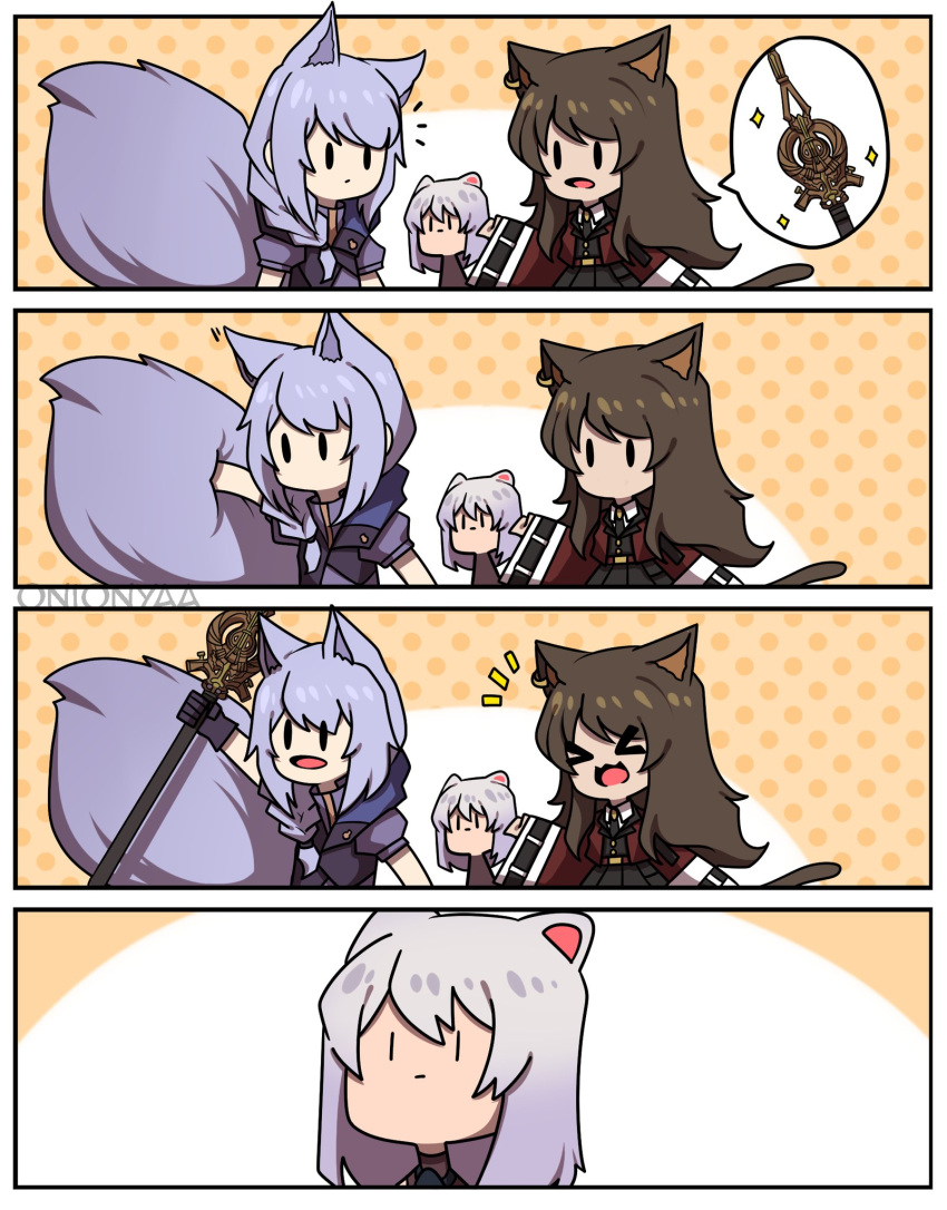 >_<, 3girls, animal_ears, arknights, braid, brown_hair, cat_ears, cat_tail, earrings, highres, jewelry, large_tail, mouse_ears, multiple_girls, notice_lines, onionyaa, provence_(arknights), purple_hair, scavenger_(arknights), silver_hair, single_braid, skyfire_(arknights), staff, tail, wolf_ears, wolf_tail