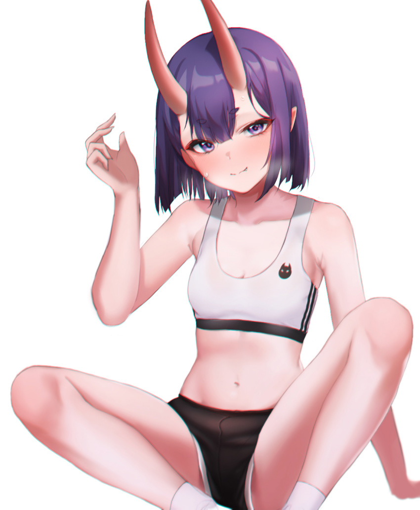 1girl, bangs, bare_shoulders, black_shorts, blush, bob_cut, bra, breasts