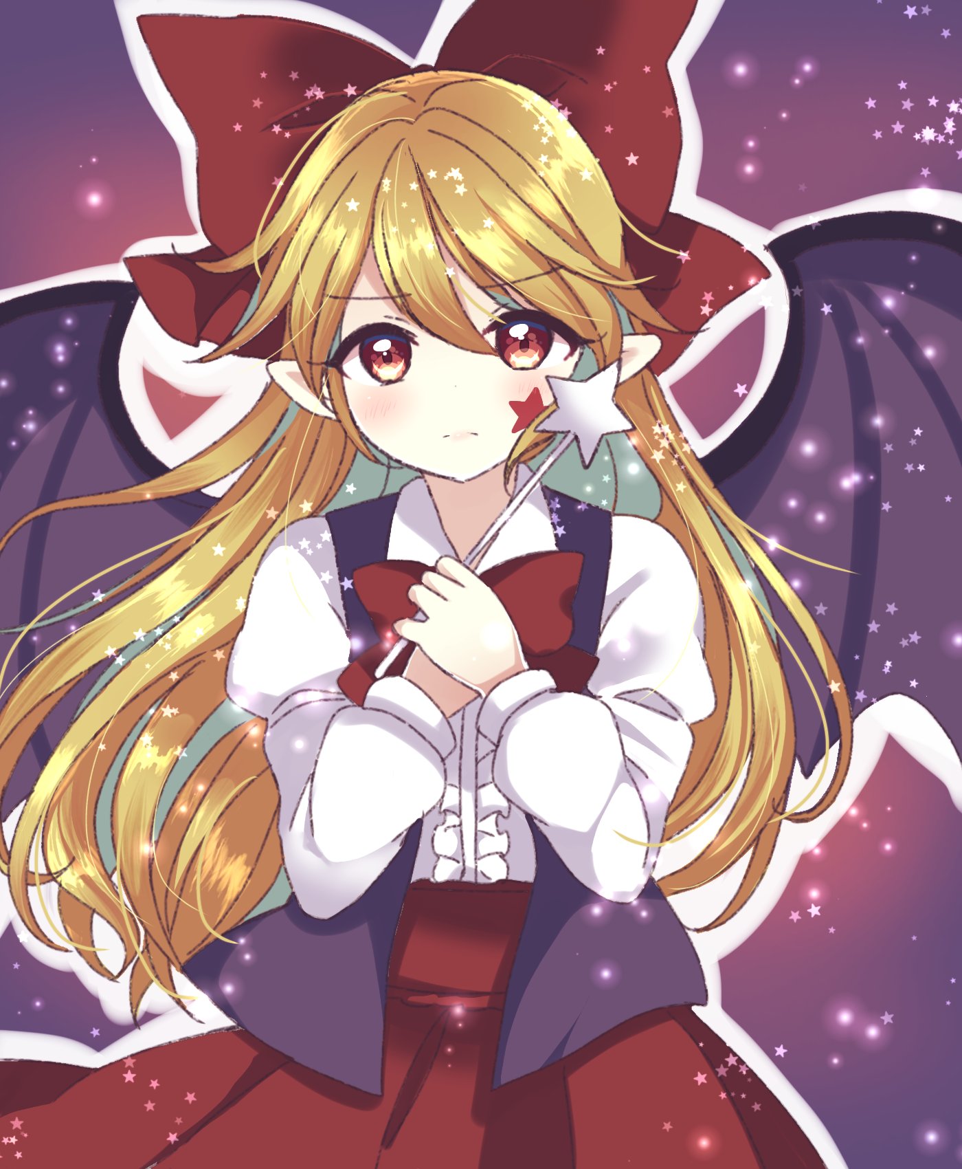 bat_wings, black_vest, blonde_hair, blush, bow, closed_mouth, elis_(touhou), facial_mark