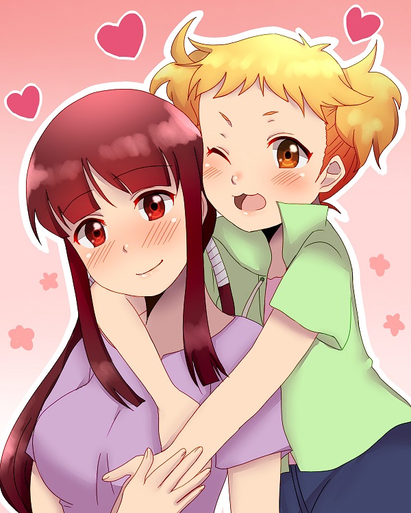 2girls, arms_around_neck, bangs, blonde_hair, blunt_bangs, blush, breasts, closed_mouth
