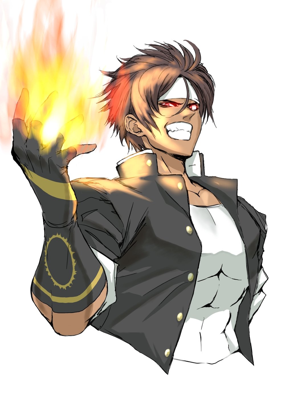 1boy, anagumasan, fingerless_gloves, fire, gloves, glowing, glowing_eyes, headband