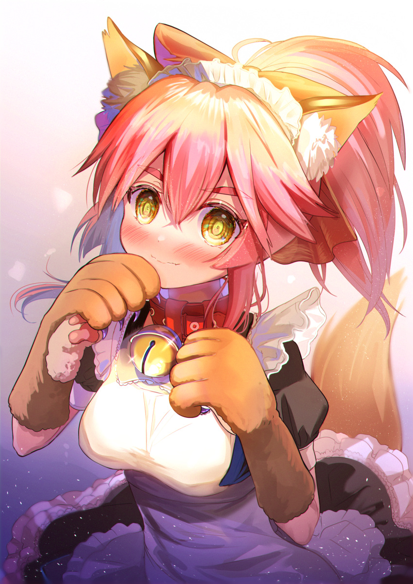 1girl, absurdres, alternate_costume, animal_ear_fluff, animal_ears, bell, bell_collar, blush, breasts, cat_paws, collar, commentary, commentary_request, embarrassed, enmaided, eyebrows_visible_through_hair, fate/grand_order, fate_(series), fox_ears, fox_girl, fox_tail, gloves, hair_ribbon, highres, huge_filesize, izumi_asayo, jingle_bell, large_breasts, long_hair, looking_at_viewer, maid, paw_gloves, paws, pink_hair, ponytail, red_ribbon, ribbon, solo, tail, tamamo_(fate)_(all), tamamo_cat_(fate), wavy_mouth, yellow_eyes