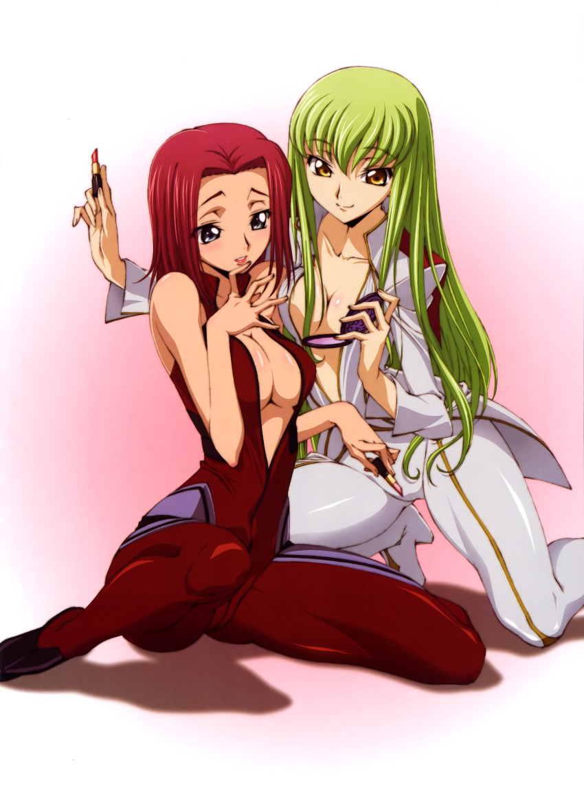 :d, absurdres, artist_request, bangs, blue_eyes, blush, body_blush, bodysuit, breasts, c.c., cc, cleavage, code_geass, compact, gradient, green_hair, high_heels, highres, kallen_stadtfeld, kneeling, lipstick, long_hair, looking_at_viewer, multiple_girls, no_bra, open_clothes, open_mouth, open_shirt, pinky_out, red_hair, redhead, shadow, shirt, shoes, short_hair, sitting, skin_tight, sleeveless, smile, spread_legs, very_long_hair, yellow_eyes