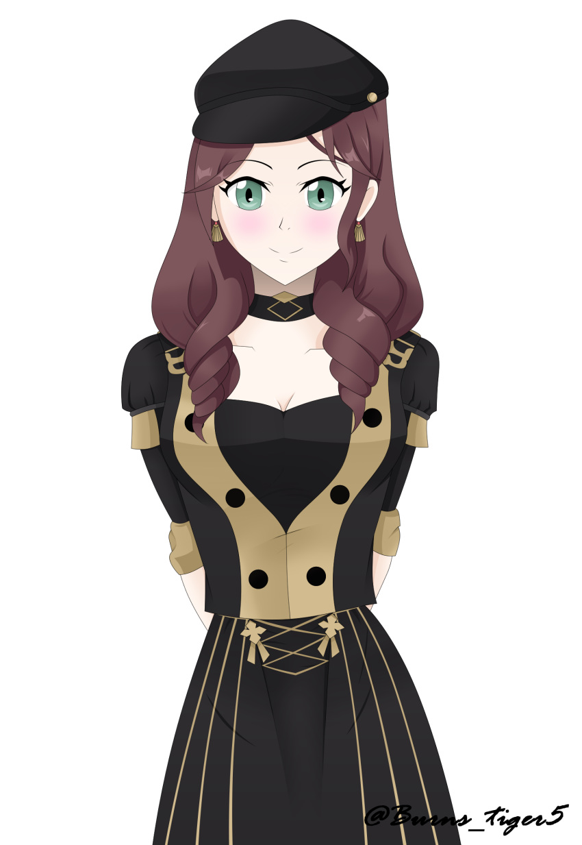 1girl, artist_name, black_hat, blush, breasts, brown_hair, burns5, cute, dorothea_arnault, earrings, fire_emblem, fire_emblem:_three_houses, fire_emblem:_three_houses, fire_emblem_16, garreg_mach_monastery_uniform, green_eyes, hat, intelligent_systems, large_breasts, long_hair, looking_at_viewer, nintendo, solo, white_background