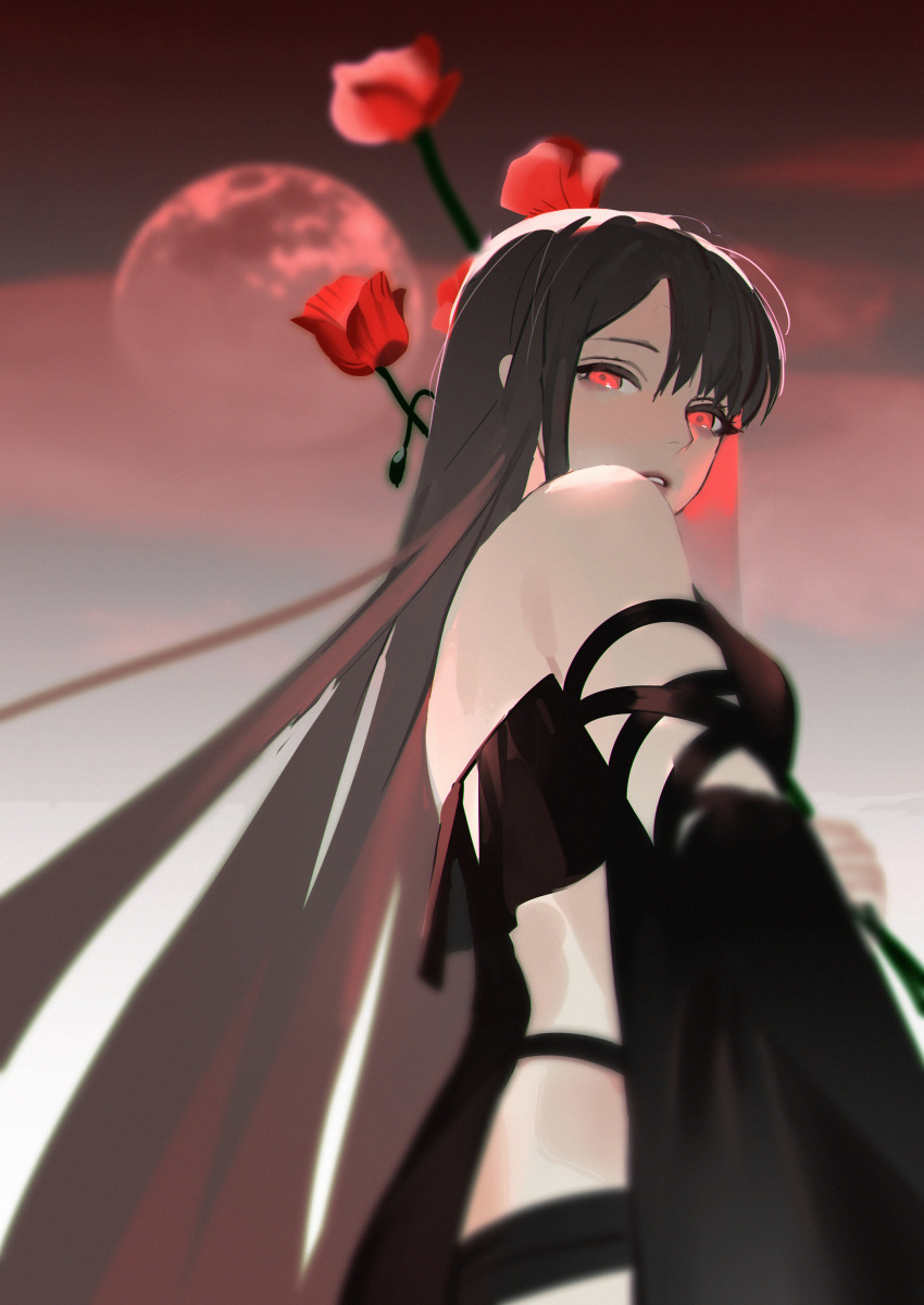 1girl, absurdres, back, bangs, bare_shoulders, black_dress, black_hair, breasts
