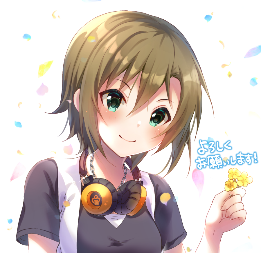 1girl, bangs, black_shirt, blush, brown_hair, chain, closed_mouth, eyebrows_visible_through_hair, flower, green_eyes, hair_between_eyes, headphones, headphones_around_neck, holding, holding_flower, idolmaster, idolmaster_cinderella_girls, idolmaster_cinderella_girls_starlight_stage, jewelry, necklace, rocomani, shiny, shiny_hair, shirt, short_hair, short_sleeves, smile, solo, tada_riina, upper_body, white_background, yellow_flower