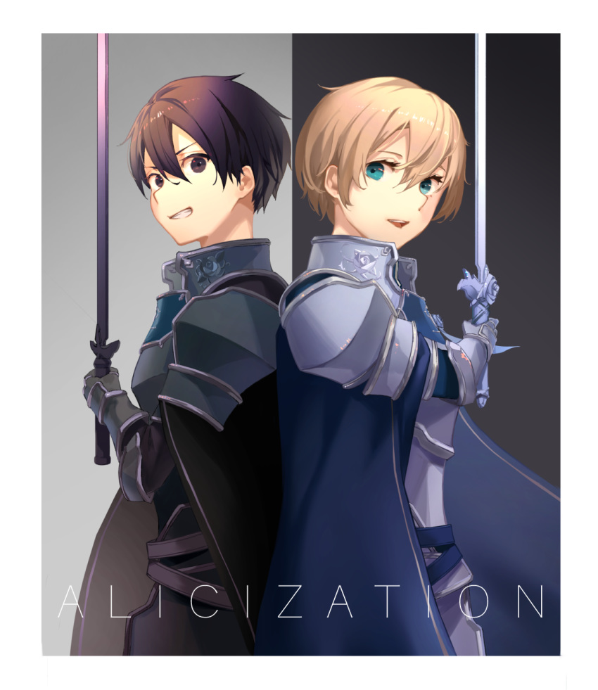 2boys, :d, back-to-back, bangs, black_cape, black_eyes, black_hair, blonde_hair