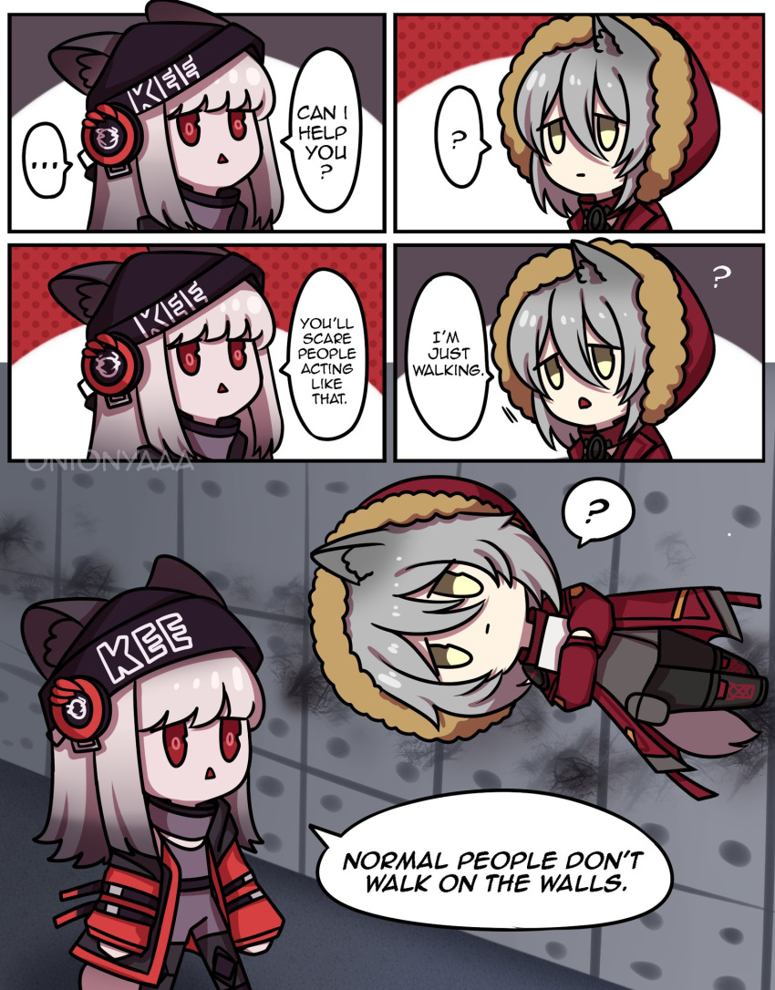 2girls, animal_ears, arknights, bangs, black_headwear, coat, english_text, frostleaf_(arknights)