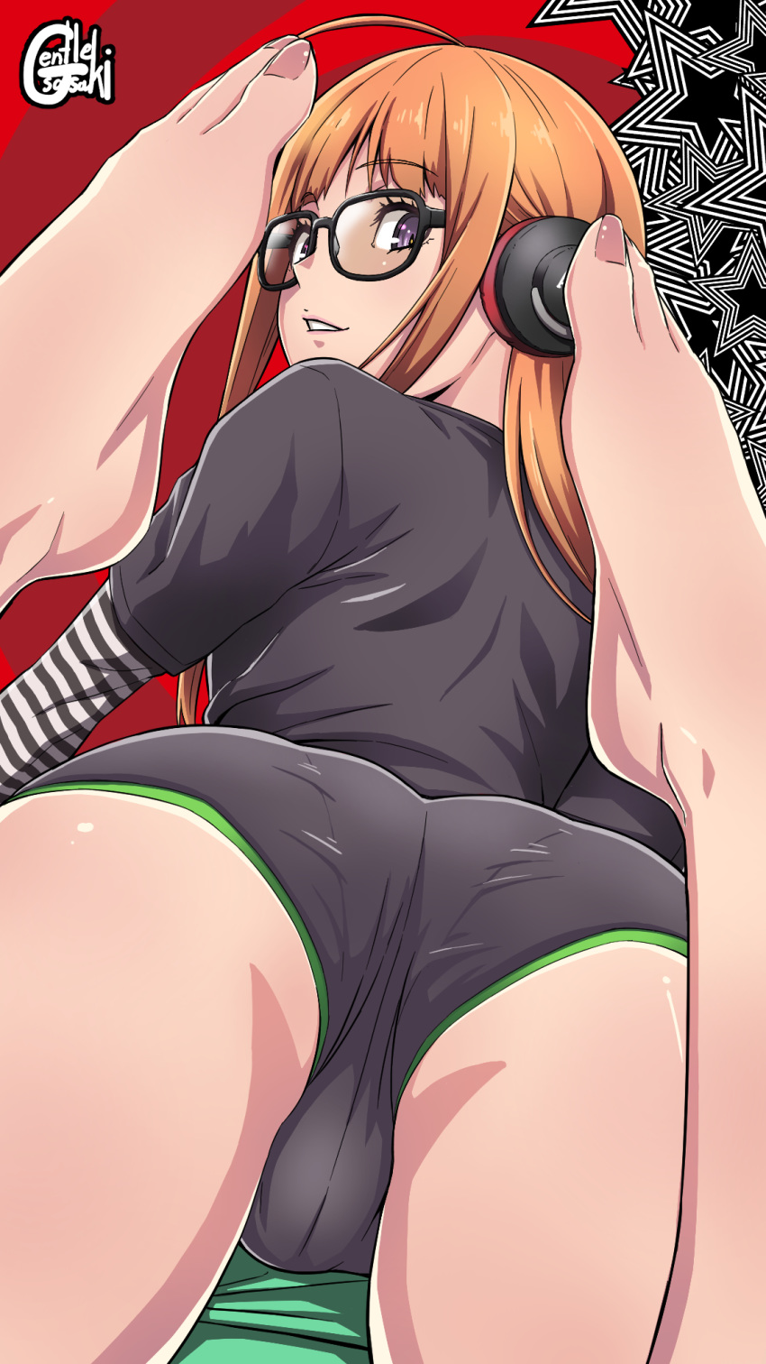 1boy, artist_name, ass, barefoot, black_shirt, eyebrows_visible_through_hair, feet, gentle_sasaki, glasses, headphones, highres, long_hair, looking_at_viewer, looking_back, orange_hair, persona, persona_5, sakura_futaba, shiny, shiny_hair, shirt, solo, striped, striped_shirt, trap, violet_eyes