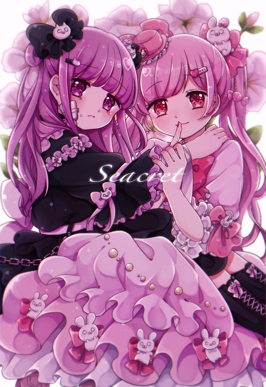 2girls, bandage_on_face, bangs, black_bow, black_dress, blunt_bangs, bow, bunny_hair_ornament, commentary_request, dress, frills, gothic_lolita, hair_bow, hair_ornament, hairclip, half_updo, hand_on_another's_arm, hand_on_another's_shoulder, hat, highres, lolita_fashion, long_hair, looking_at_viewer, mini_hat, mini_top_hat, multiple_girls, original, pink_hair, pink_nails, purple_hair, red_eyes, shiro_nori00, smile, tearing_up, top_hat, twintails, violet_eyes, wide_sleeves, yami_kawaii