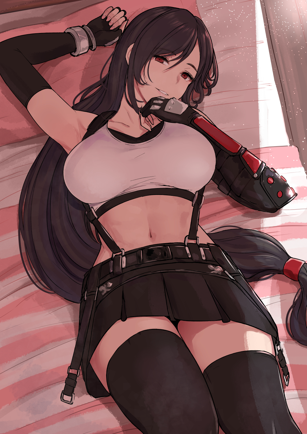 1girl, bangs, bare_shoulders, belt, black_gloves, black_hair, black_legwear, black_skirt