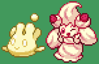 ;d, alcremie, alcremie_(strawberry_sweet), alcremie_(vanilla_cream), closed_mouth, commentary_request, creature, food
