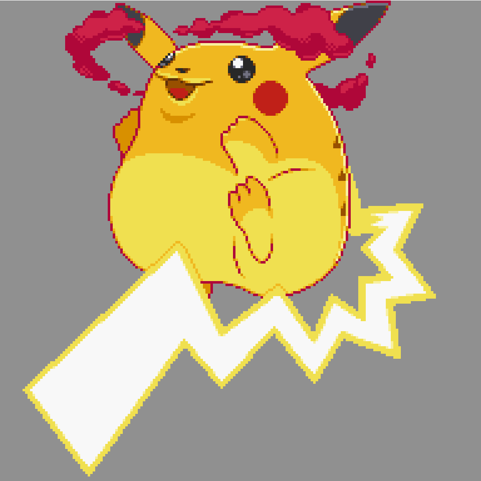 :d, black_eyes, commentary_request, creature, full_body, gen_1_pokemon, gigantamax, gigantamax_pikachu, grey_background, jon_(zyagapi), no_humans, open_mouth, pikachu, pixel_art, pokemon, pokemon_(creature), simple_background, smile, solo, sprite