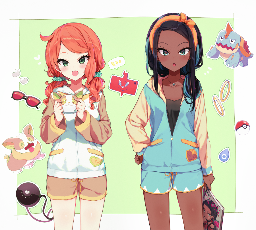 2girls, :d, :o, alternate_costume, aqua_nails, black_hair, blue_hair, blush