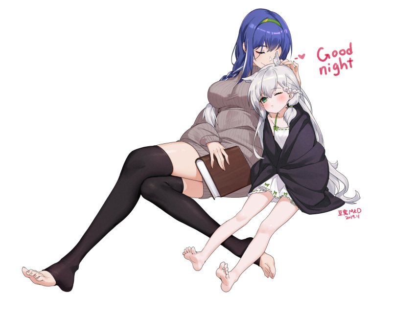 2girls, absurdres, bare_legs, black_legwear, blanket, blue_hair, book, closed_eyes