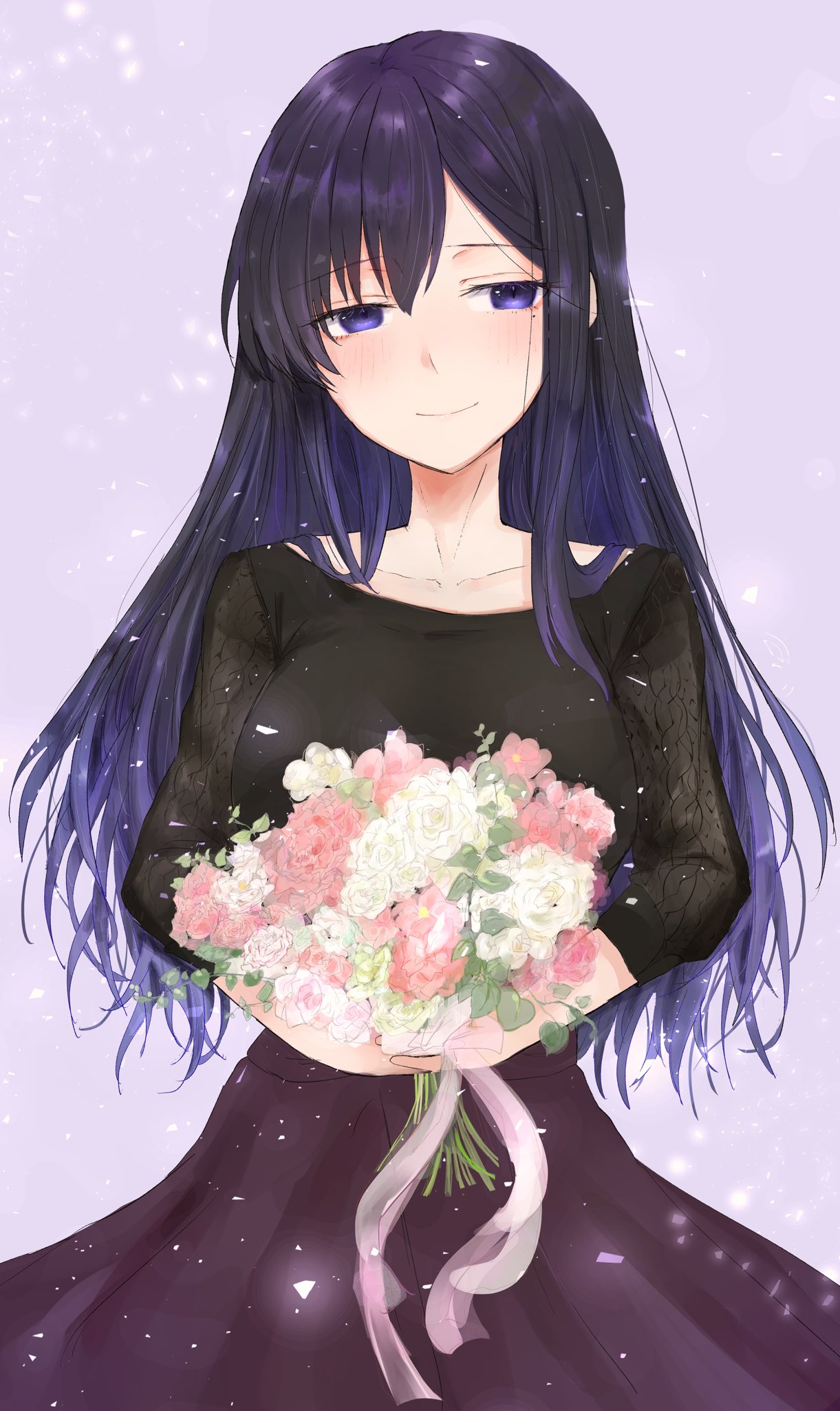 1girl, alice_gear_aegis, black_hair, black_shirt, bouquet, closed_mouth, commentary_request, eyebrows_visible_through_hair