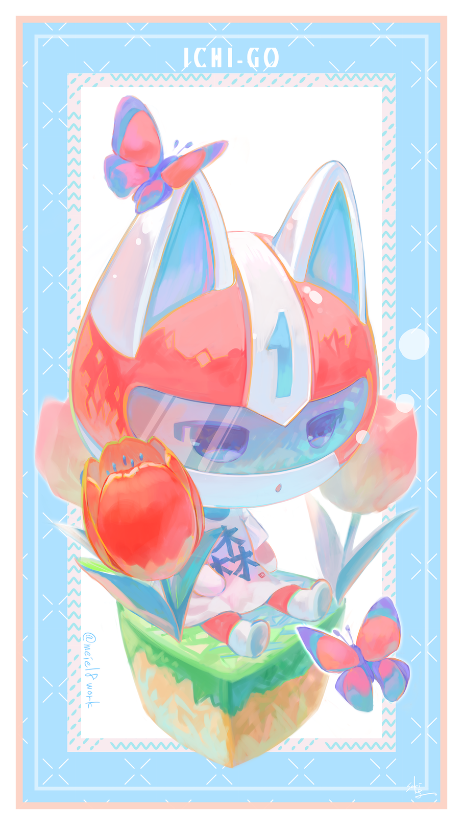 1boy, animal_ears, artist_name, bug, butterfly, cat, cat_ears, cat_tail, character_name, doubutsu_no_mori, flower, furry, helmet, highres, ichi_go_(doubutsu_no_mori), insect, male_focus, open_mouth, saki_noji, sitting, solo, tail