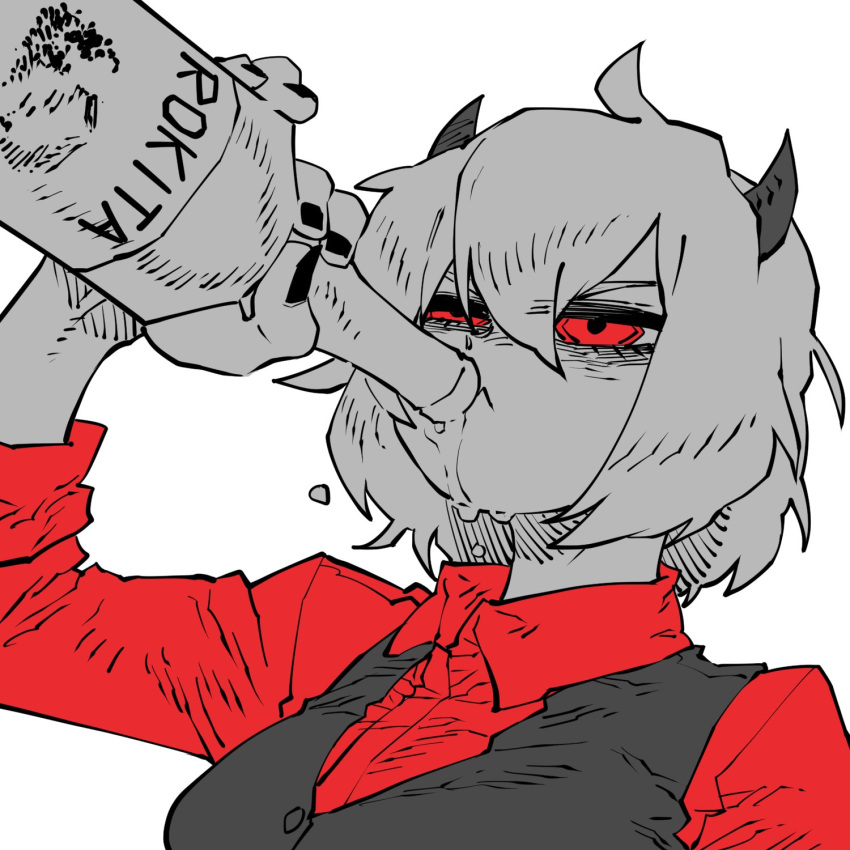 1girl, alcohol, black_nails, black_vest, bottle, demon_girl, demon_horns, dress_shirt