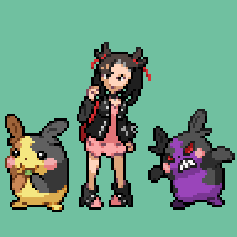 1girl, bag, black_eyes, black_hair, clenched_teeth, commentary_request, creature, dress, frown, full_body, gen_8_pokemon, green_background, handbag, jon_(zyagapi), long_sleeves, lowres, mary_(pokemon), morpeko, morpeko_(full), morpeko_(hangry), pink_dress, pixel_art, pokemon, pokemon_(creature), shoes, short_dress, simple_background, smile, sprite, standing, teeth, twintails